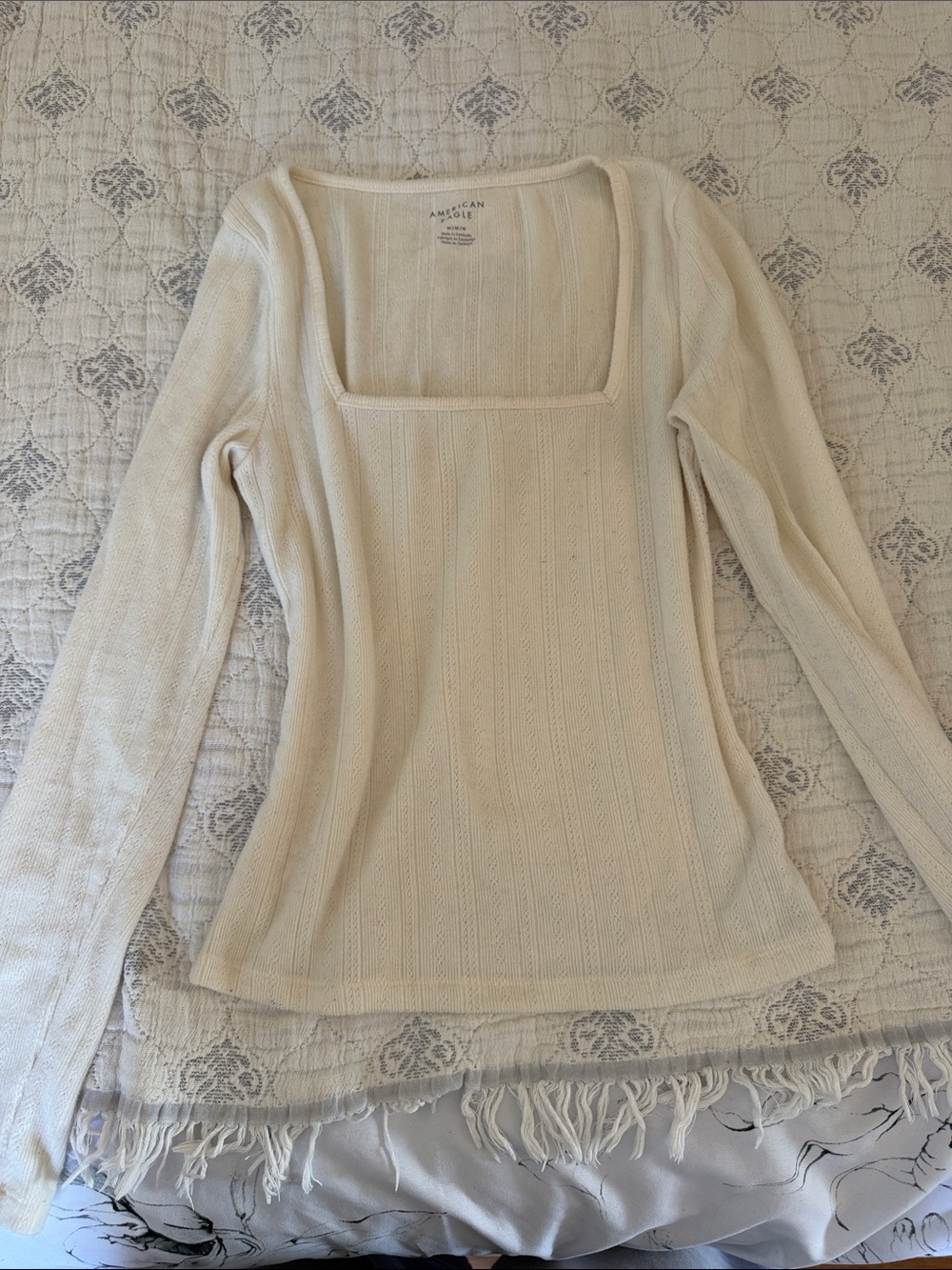American Eagle Outfitters Cream Ribbed Square Neck Long Sleeve Top